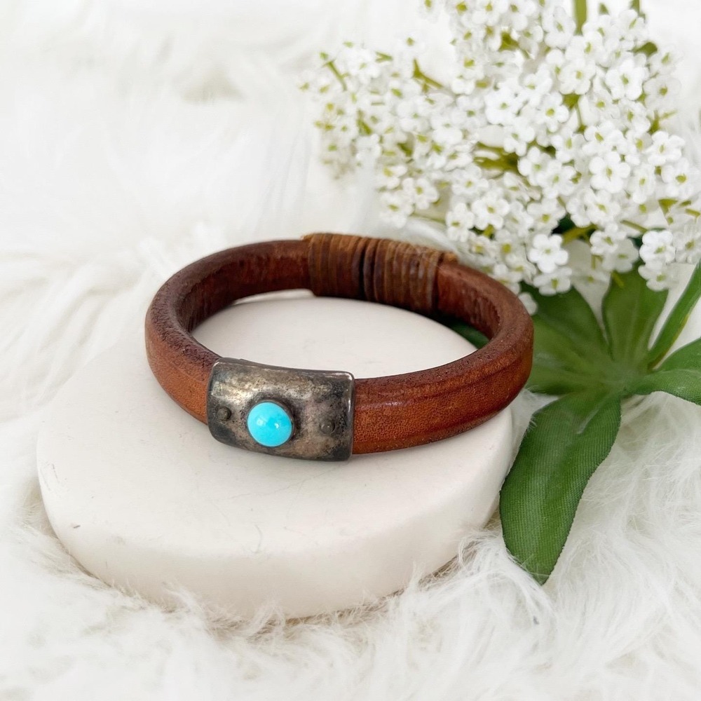 Becker Leather Bracelet Brown Sterling Silver Turquoise Southwestern Cuff